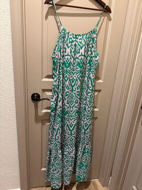 Women’s Green and White Printed Maxi Dress - Sleeveless Spaghetti Strap